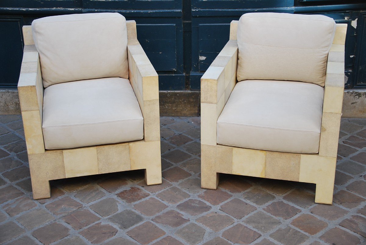 Rare Pair Of Shagreen And Parchment Armchairs D After Jean Michel Frank-photo-2