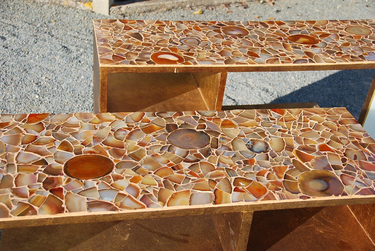 Pair Of Low Libraries, Agate Trays, Alberto Pinto