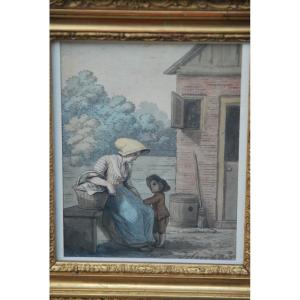 Aquarelle et lavis d époque  Directoire Mère Et Son Enfant