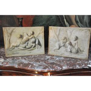 Pia Sauvage, Pair Of Small Canvases Games Of Putti XVIII