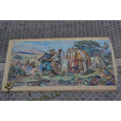 Large Painted Canvas "departure From The Wedding Cana" For Rieunier Rouzzaud
