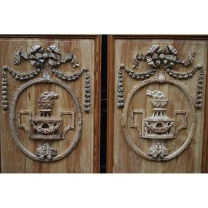 Pair Of Large Natural Wood Panels From The Louis XVI Period, Antique Vase