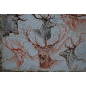 Grande Huile Technique Mixte  Chasse Têtes De Cerfs  Signée De Marcello 