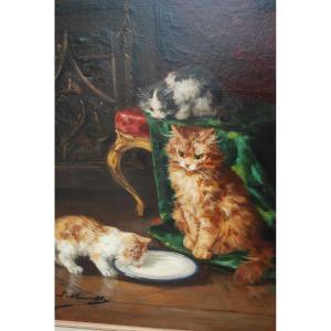 Les Chats Par Brunet De Neuville , Huile Sur Toile