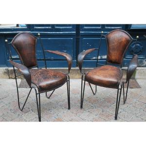 Pair Of Jacques Adnet Leather Armchairs Around 1950