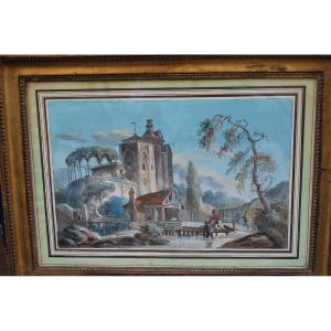 XVIII Gouache School With Palace In Landscape, Signed 