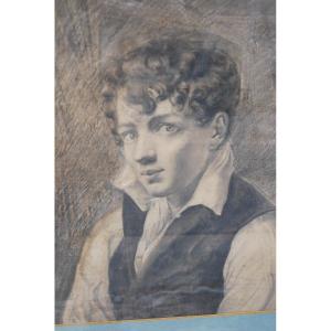 Beau Fusain Et Crayon Portrait De Jeune  Homme XIX