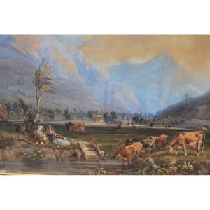 Large Watercolor And Gouache Early 19th Century Switzerland