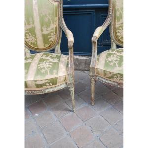 Pair Of Louis XVI Style Rechampi Wood Armchair