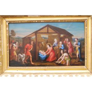 Rare Painting On Marble Nativity Italy XVIII