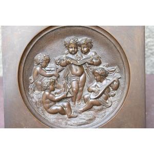 Médaillon En Bronze Avec Putti musiciens XIX