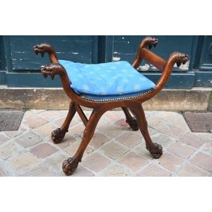 Walnut Curule Stool, 19th Empire