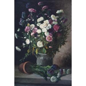 Large Oil Bouquet Of Flowers By Cauchois