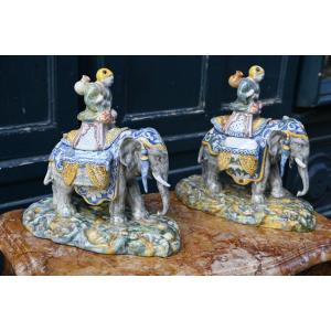 Pair Of Large Elephant And Mahout Statuettes XIX Bayeux