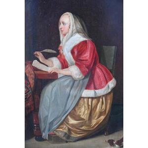 Oil Woman Writing Her Music After Gabriel Metsu XVII