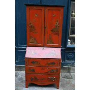 Petit Scriban En Laque Rouge Décor Chinois Angleterre Fin XVIII