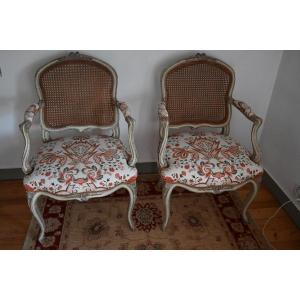 Pair Of Louis XV Caned Flat Back Armchairs