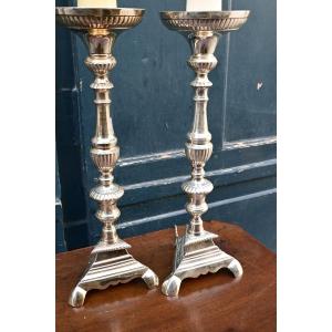 Pair Of Louis XIV Silver Plated Bronze Candlesticks