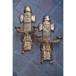 Rare Pair Of Revolutionary Period Wall Lights In Gilded Wood, 18th Century