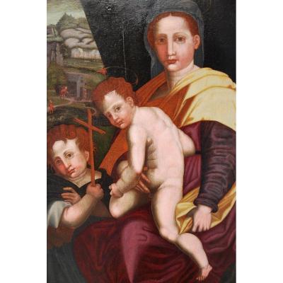 Virgin, Saint John The Baptist And The Child Jesus, Oil XVI Italian Renaissance