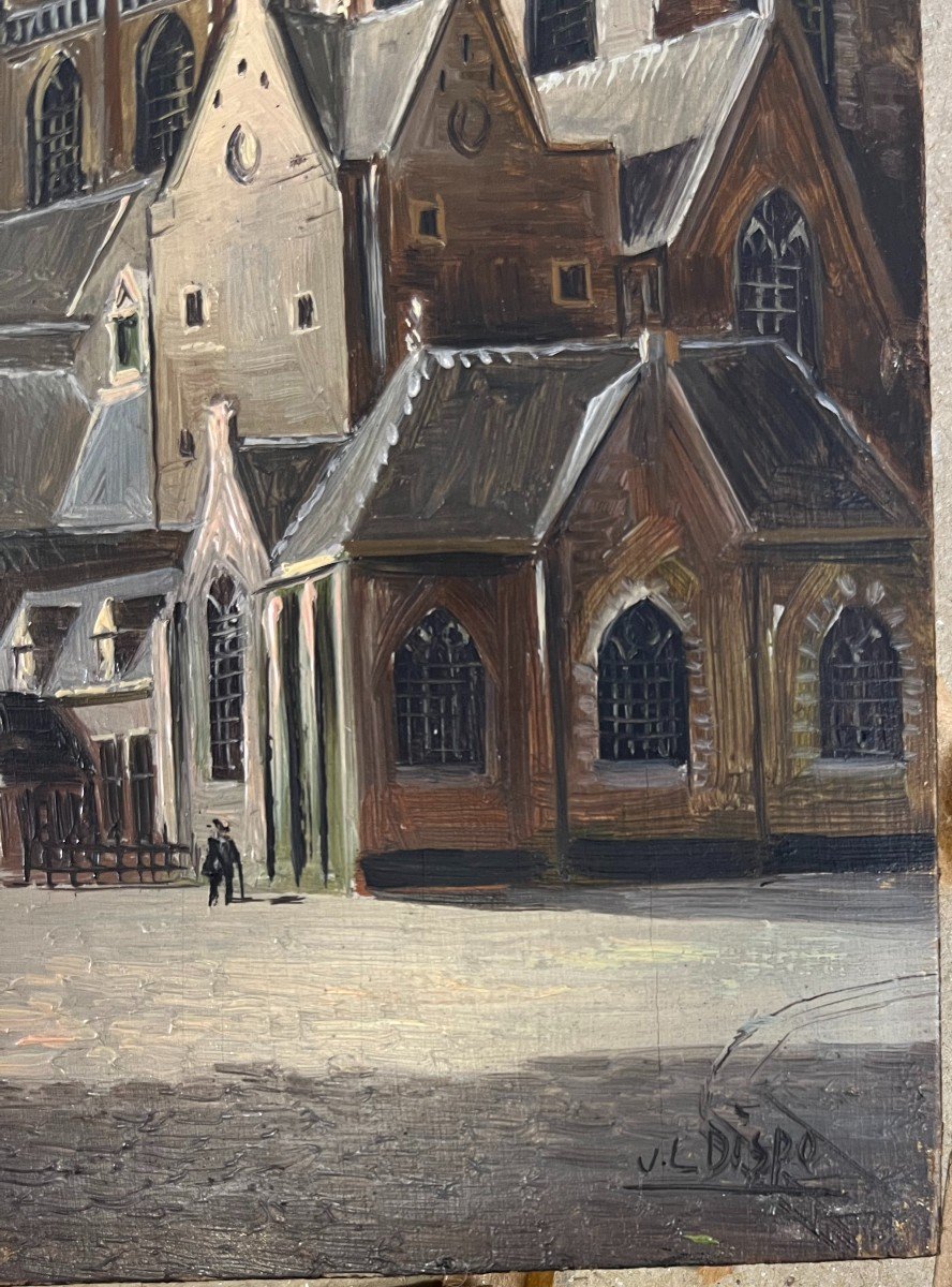 Huile Sur Bois - Église Saint-Bavon de Haarlem signée Jacobus Lambertus DISPO-photo-2