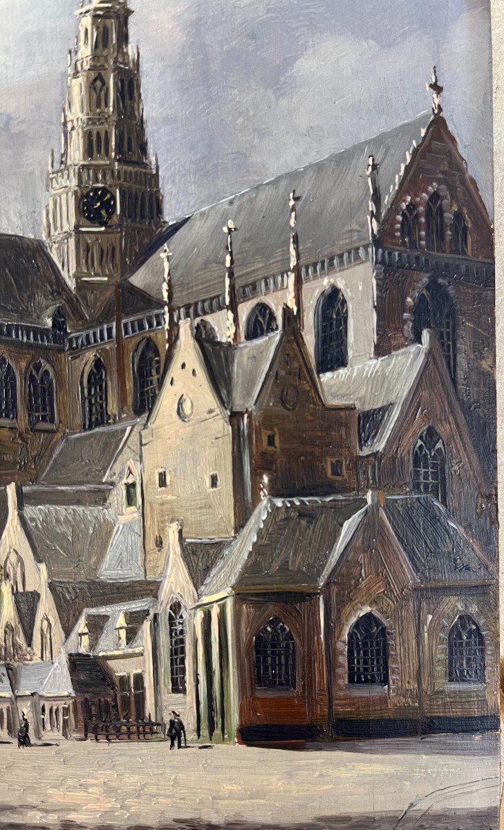 Huile Sur Bois - Église Saint-Bavon de Haarlem signée Jacobus Lambertus DISPO-photo-1