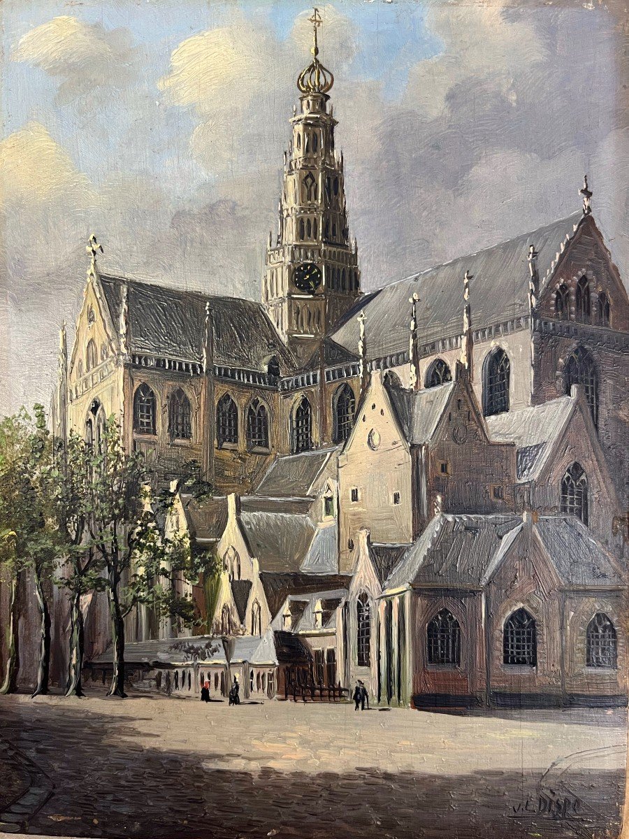 Huile Sur Bois - Église Saint-Bavon de Haarlem signée Jacobus Lambertus DISPO