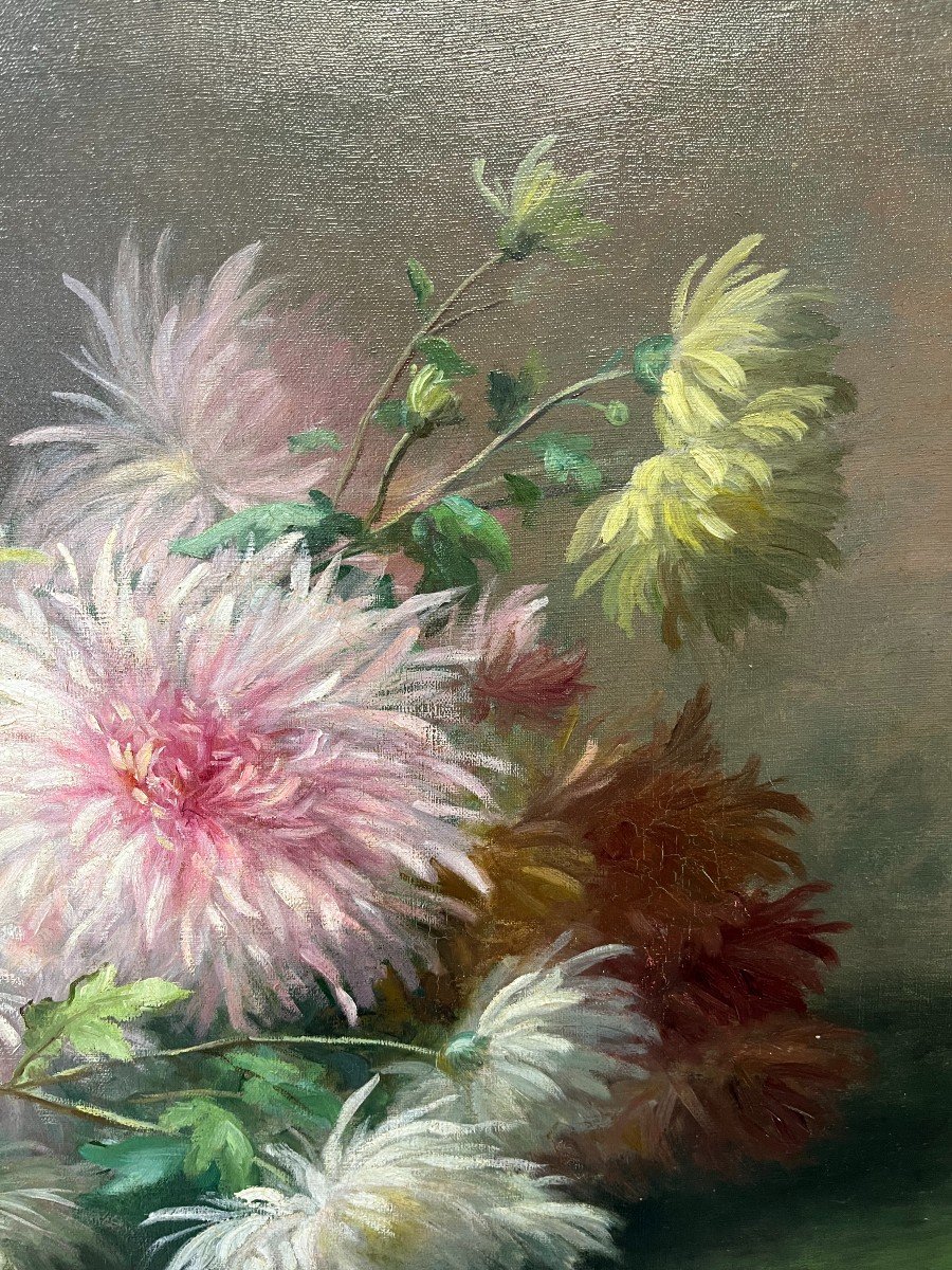 Oil On Canvas - Bouquet Of Dahlias Signed Barbaud-koch-photo-2