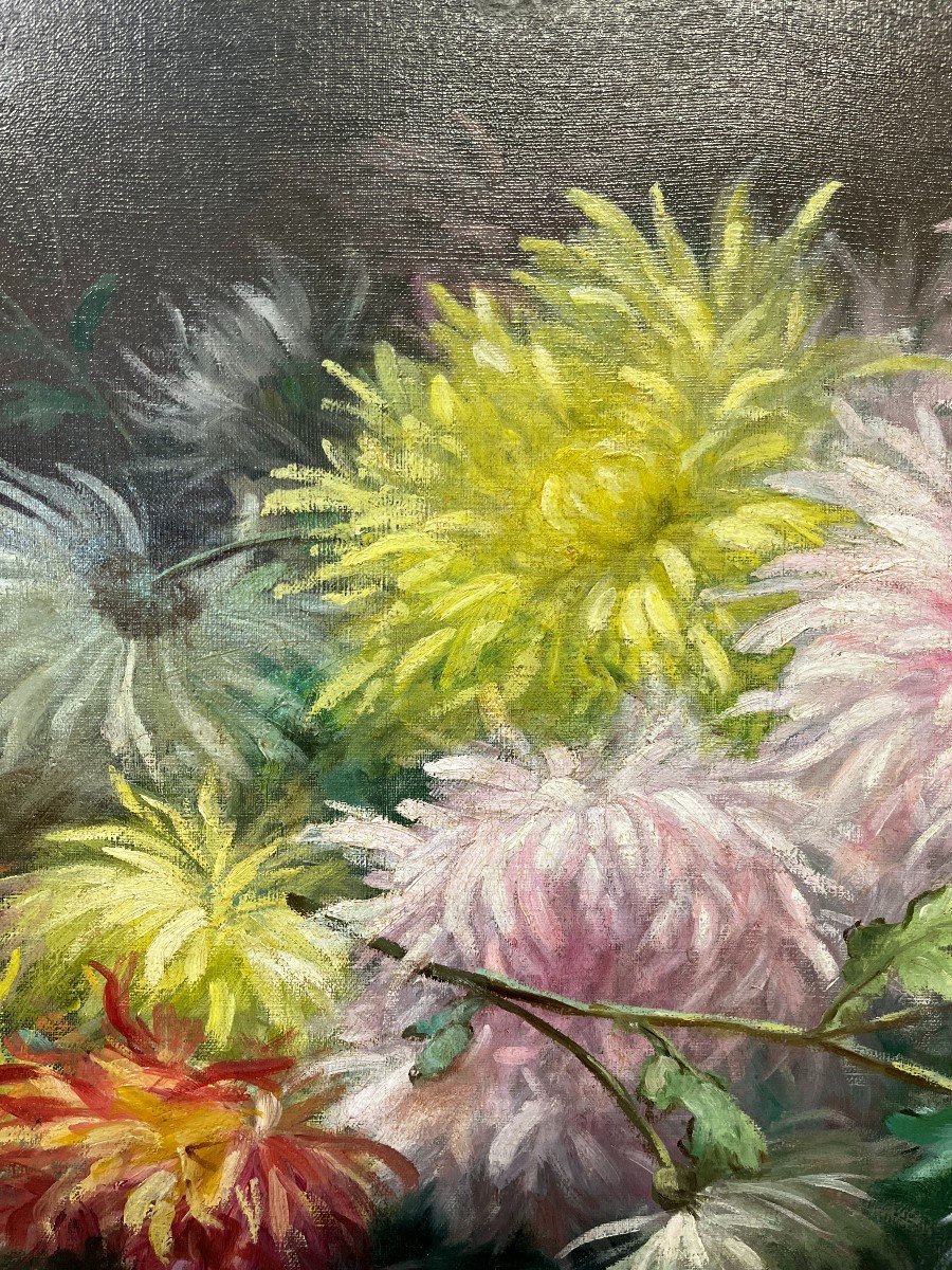 Oil On Canvas - Bouquet Of Dahlias Signed Barbaud-koch-photo-4