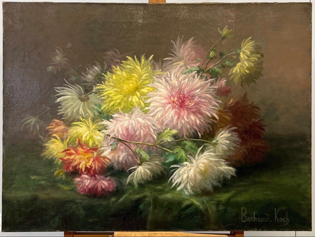 Oil On Canvas - Bouquet Of Dahlias Signed Barbaud-koch