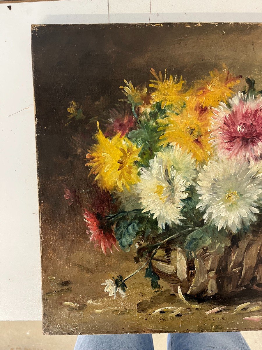 Bouquet Of Dahlias - Oil On Canvas-photo-3