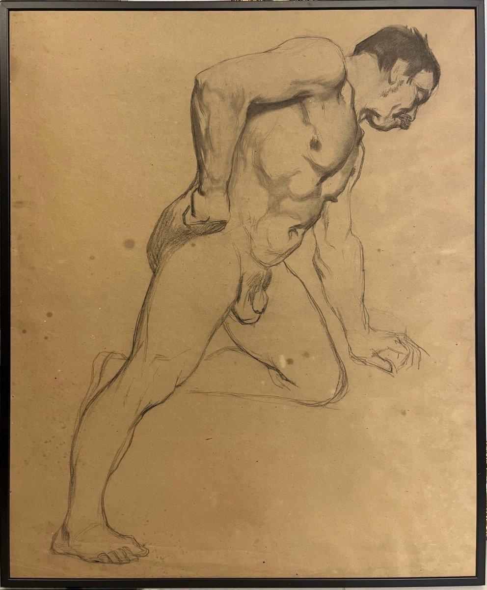 19th Century French School, Study Of A Naked Man Leaning On The Left Hand, Unsigned, Drawing
