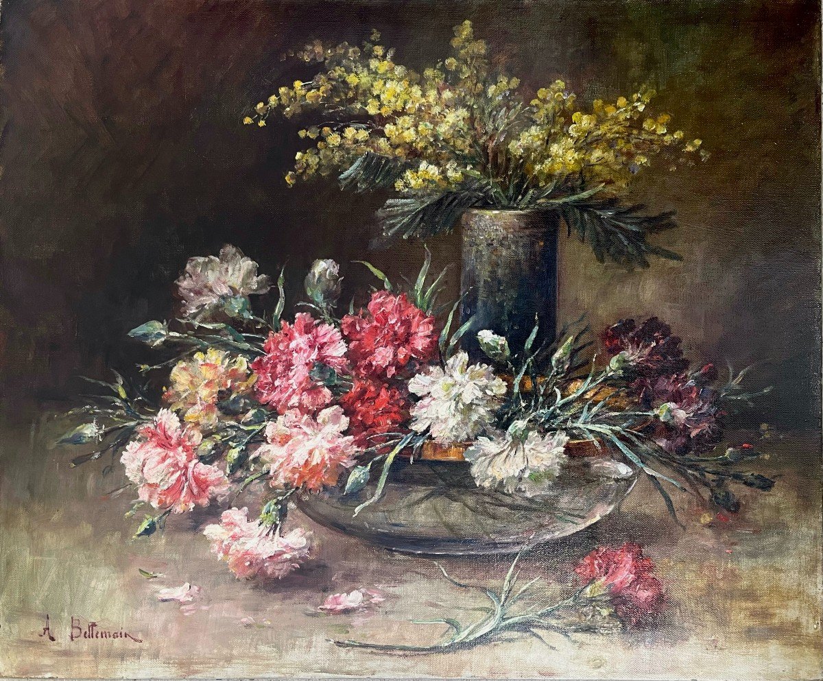 Pivoine Et Mimosa, Signé A.Bellemain, XIXe, Huile Sur Toile, 54x65cm, Sans Cadre