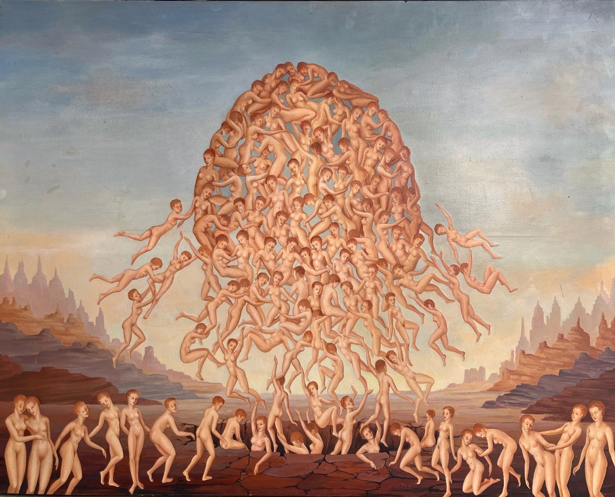 The Migratory Egg, Oil On Canvas, 100 X 87 Cm, Signed Michèle Van Cotthem 