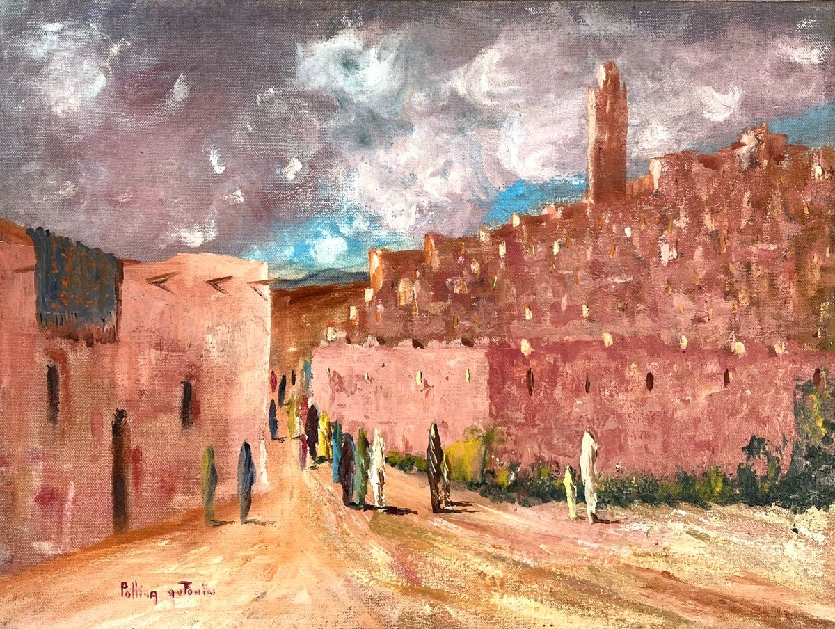 Village Berbère, Signé Antonin Pollina, Titré Au Dos, Huile Sur Toile, XXe, 60,5x44,5cm, Sans C