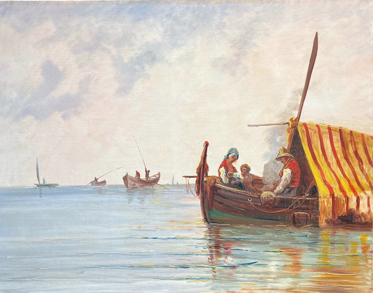 Family On A Boat, 20th Century, Unsigned, Oil On Canvas, 55x81cm, Unframed