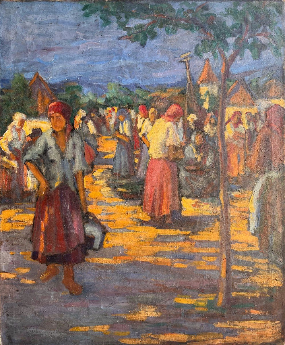 Scène De Marché, XXe, Non Signé, Huile Sur Toile, 100x82cm, Sans Cadre