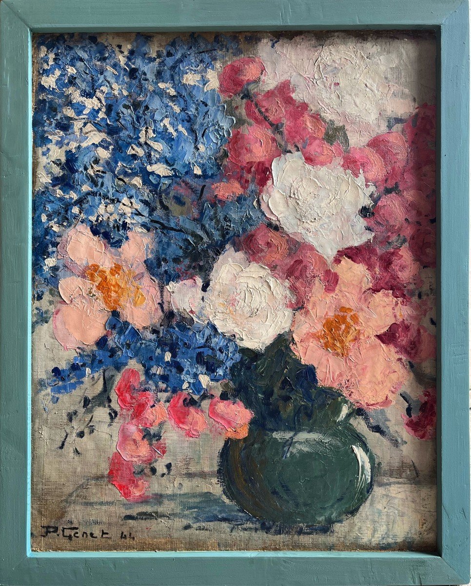 Double Tableaux ! Bouquet, Signé P.genet, 1944, Huile Sur Toile, 55,5x65,5cm, Avec Cadre 