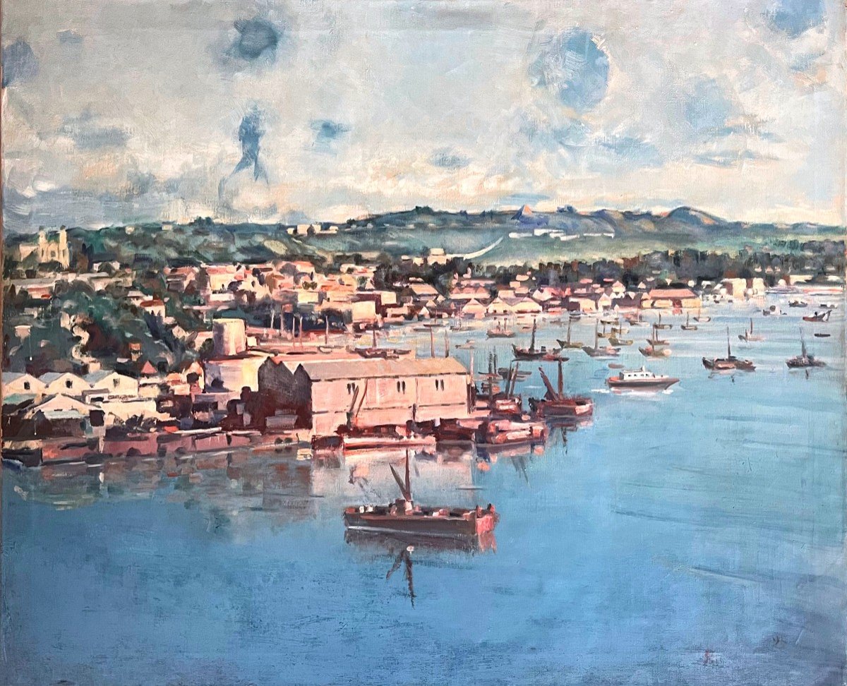 Port, signé, XXe, huile sur toile, 76x101cm, avec cadre