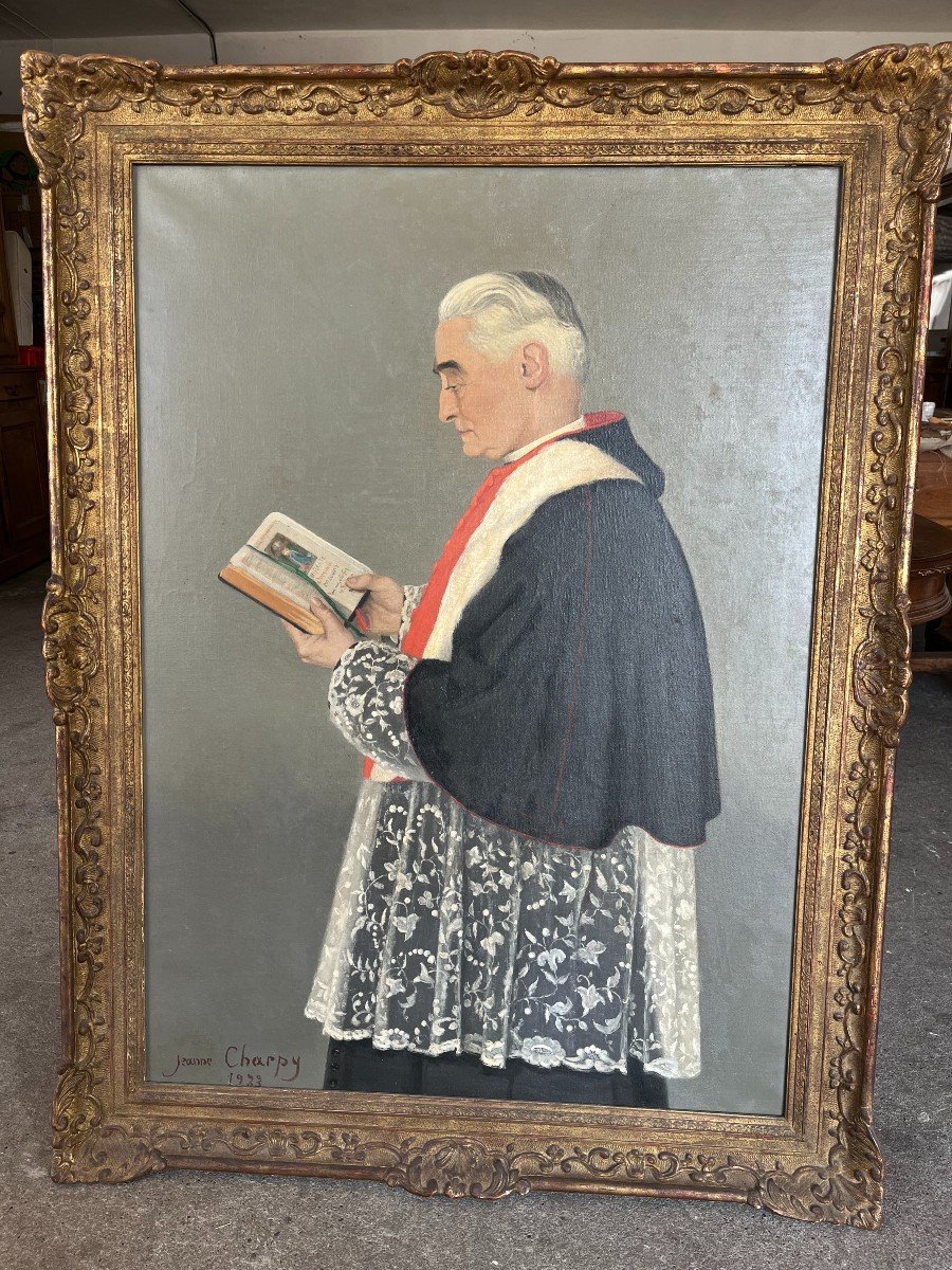 J Charpy, Portrait Of A Priest Reading, 1933, Oil On Canvas, Signed, 128x97 Cm, With Frame-photo-4