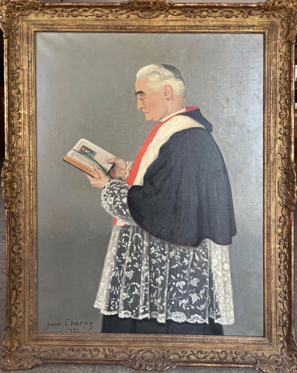 J Charpy, Portrait d'Un Prêtre Lisant, 1933, Huile Sur Toile, Signé, 128x97 Cm, Avec Cadre