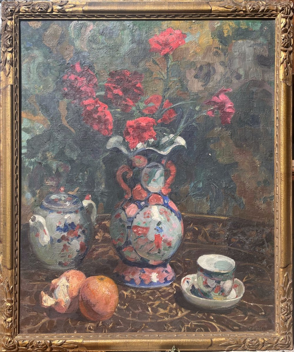 Bouquet Sur Table, XXe, Huile Sur Toile, Signé, 55 X 66 Cm, Avec Cadre