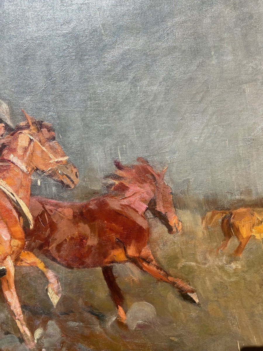 Course De Chevaux Sous La Pluie, Huile Sur Toile, Signé Bela Juskó, XXe, 142x87 Cm, Sans Cadre-photo-3