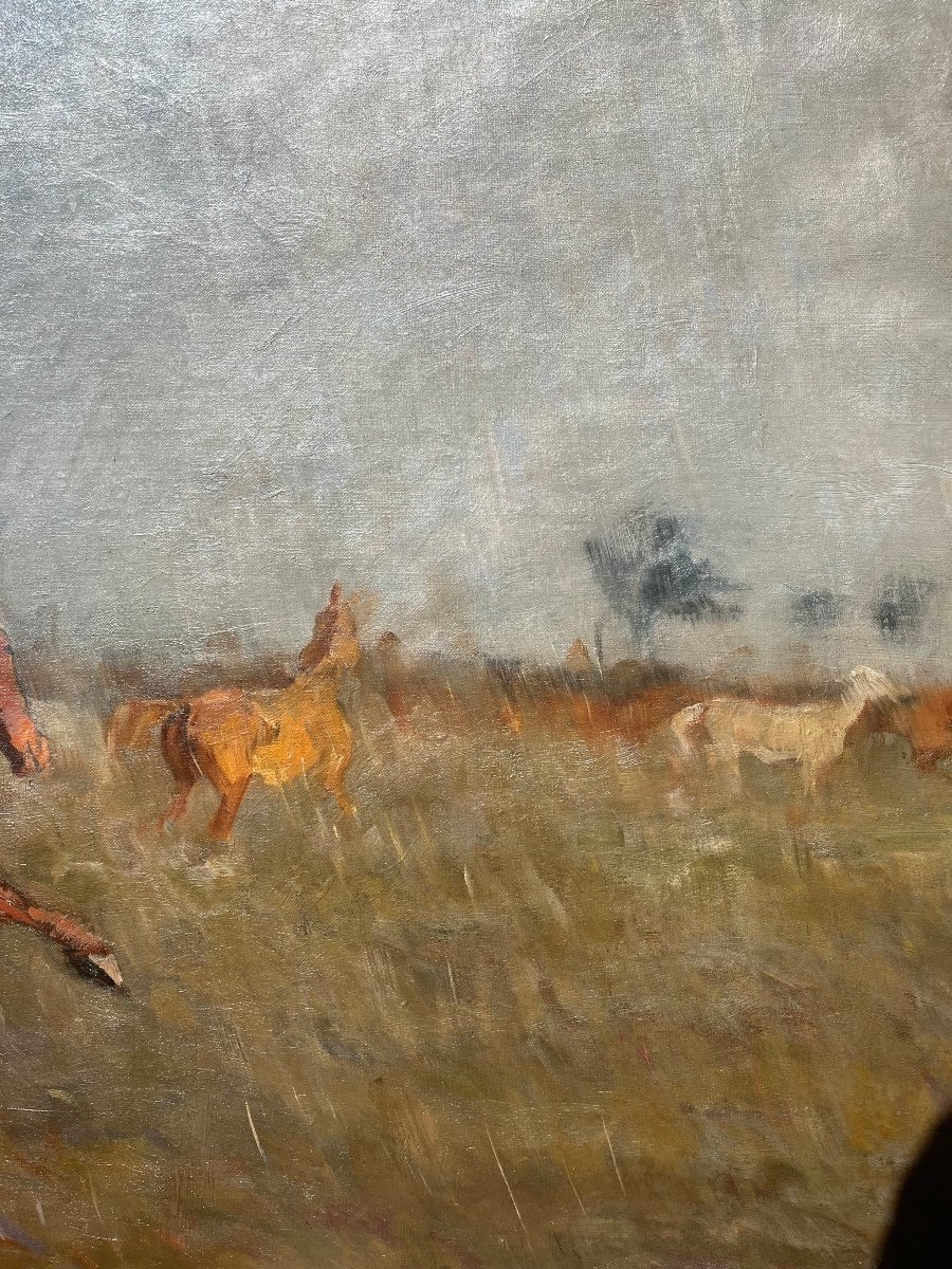 Course De Chevaux Sous La Pluie, Huile Sur Toile, Signé Bela Juskó, XXe, 142x87 Cm, Sans Cadre-photo-1