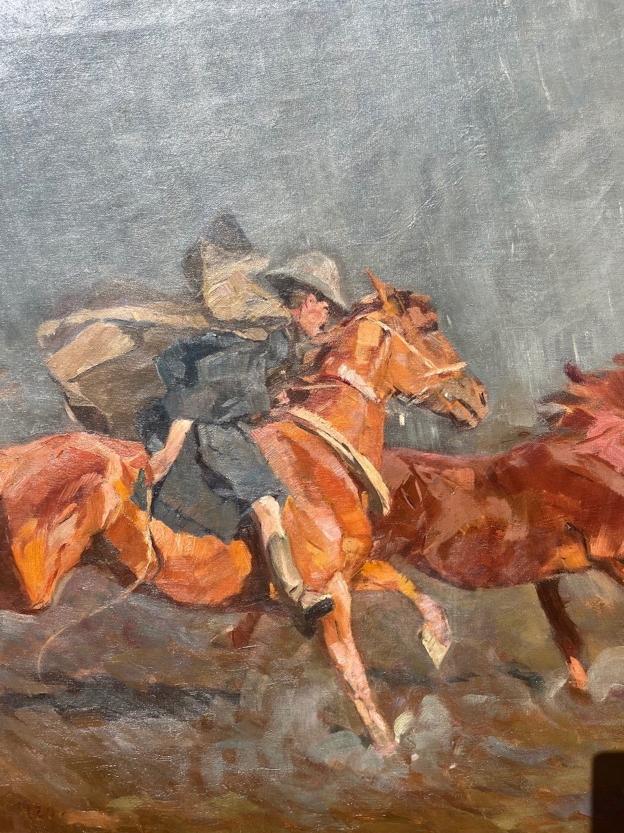 Course De Chevaux Sous La Pluie, Huile Sur Toile, Signé Bela Juskó, XXe, 142x87 Cm, Sans Cadre-photo-3