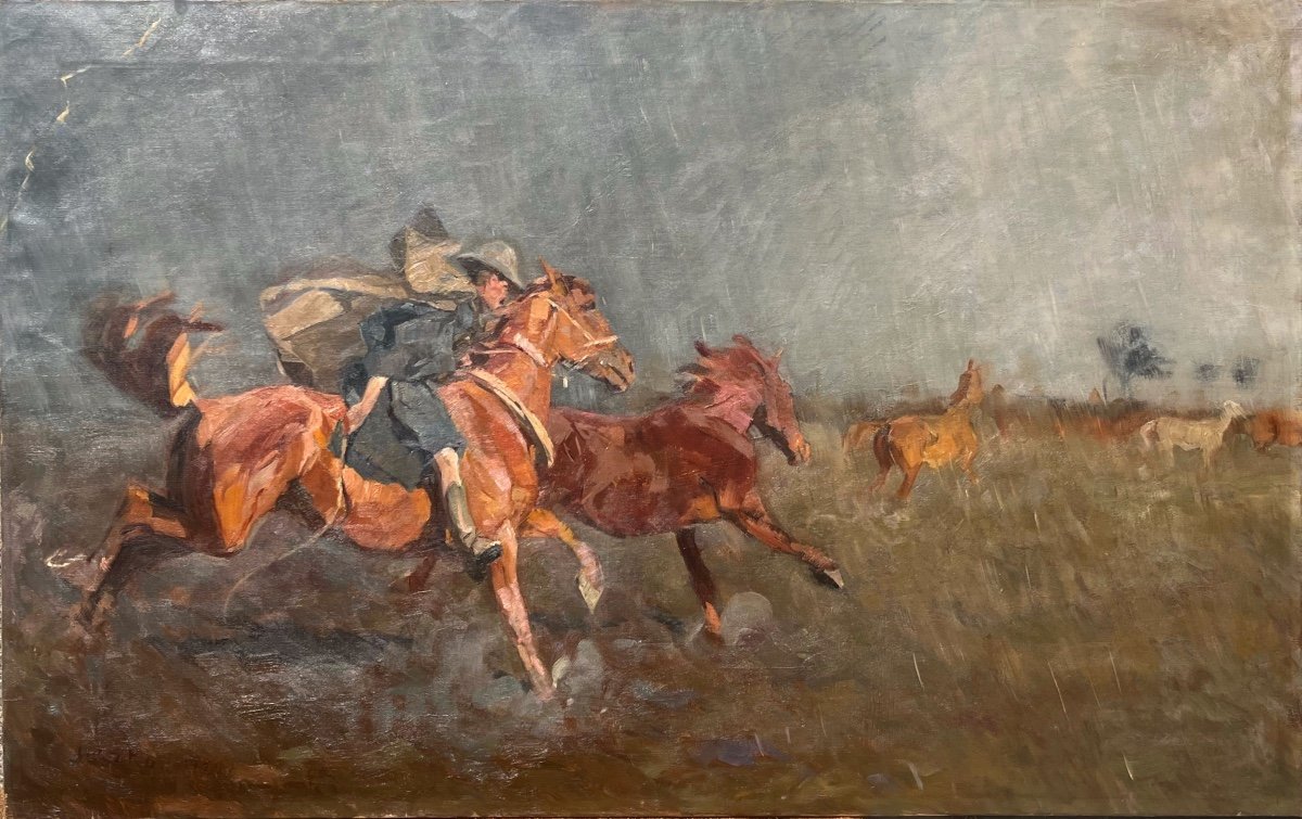 Course De Chevaux Sous La Pluie, Huile Sur Toile, Signé Bela Juskó, XXe, 142x87 Cm, Sans Cadre