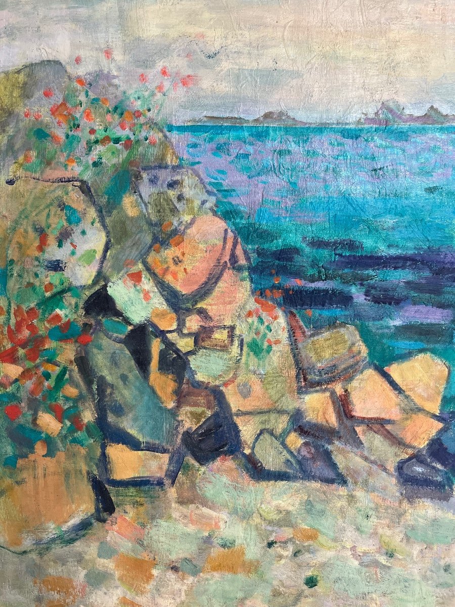 R Bernard, Paysage Bord De Mer à Cannes, XXe Huile Sur Toile, Signé,73x56 Cm, Avec Cadre-photo-2