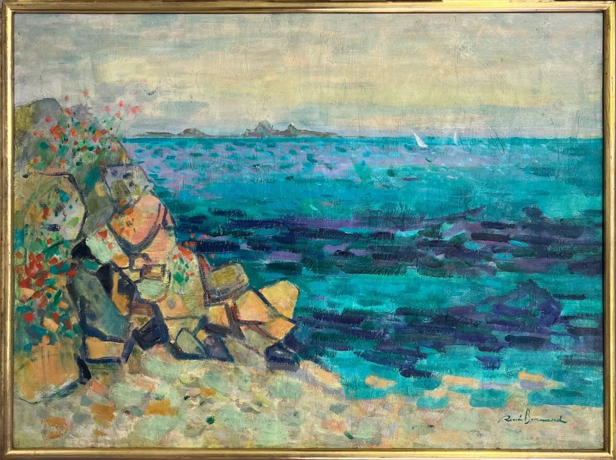 R Bernard, Paysage Bord De Mer à Cannes, XXe Huile Sur Toile, Signé,73x56 Cm, Avec Cadre