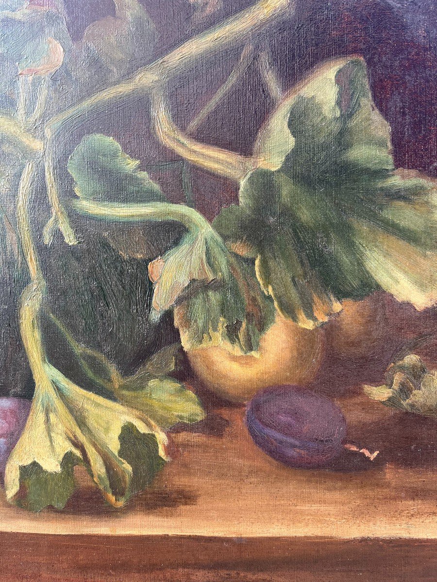 Still Life With Pumpkin, Unsigned, 19th Century, Oil On Canvas, 55x64 Cm, Unframed-photo-4