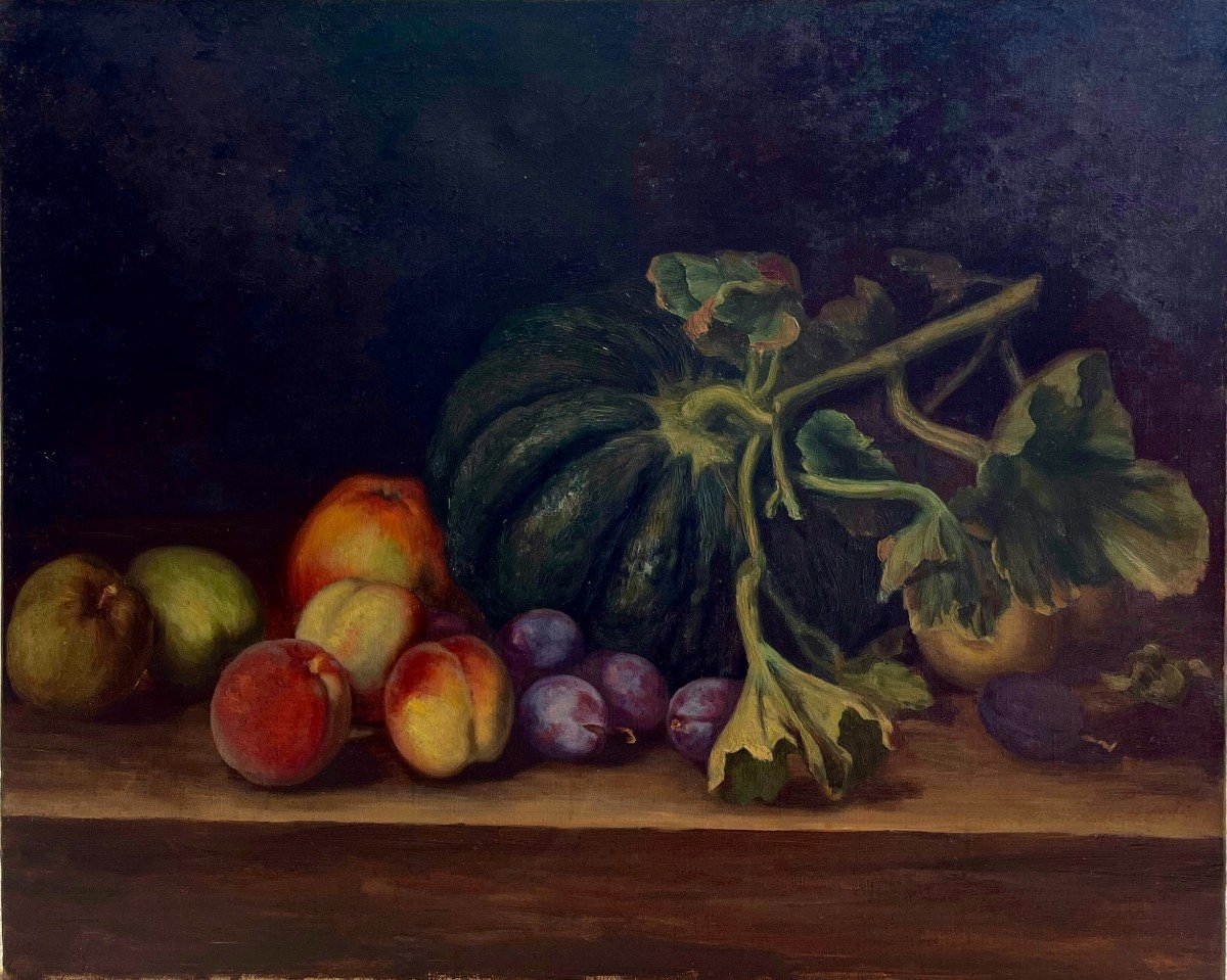 Still Life With Pumpkin, Unsigned, 19th Century, Oil On Canvas, 55x64 Cm, Unframed